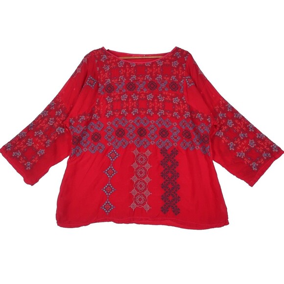 Johnny Was Red Rayon Embroidered Aztec Geometric Bohemian Tunic Top Shirt Large - Picture 1 of 9